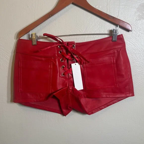 EB Denim Red Leather Micro Lace Up Shorts NWT - Picture 4 of 5